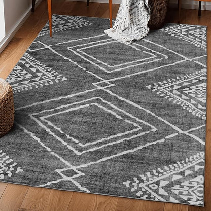 ReaLife Rugs Machine Washable Area Rug - Living Room Bedroom Bathroom Kitchen Entryway Office - Padded Low Pile Stain Resistant Premium - Moroccan Diamond Tribal - Jax - Gray 4' x 6'