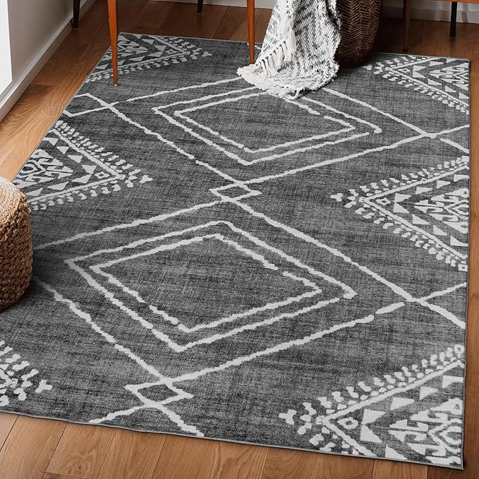 ReaLife Rugs Machine Washable Area Rug Runner - Living Room Bedroom Bathroom Kitchen Entryway Office - Padded Low Pile Stain Resistant Premium - Moroccan Diamond Tribal - Jax - Gray 3' x 5'