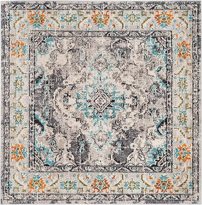 SAFAVIEH Monaco Collection Area Rug - 3' Square, Grey & Light Blue, Boho Chic Medallion Distressed Design, Non-Shedding & Easy Care, Ideal for High Traffic Areas in Living Room, Bedroom (MNC243G)