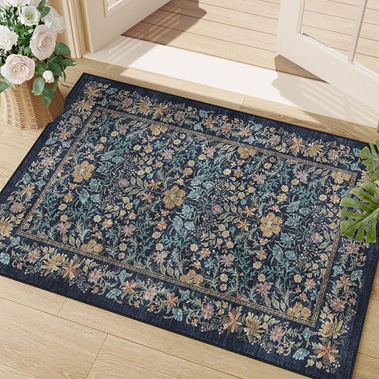 DUKINO 2x3 Entryway Rug, Floral Washable Area Rug with Non Slip Indoor Door Mat, Vintage Low Pile Small Front Door Throw Carpet for Kitchen, Entrance, Bathroom, Bedroom, Dark Blue