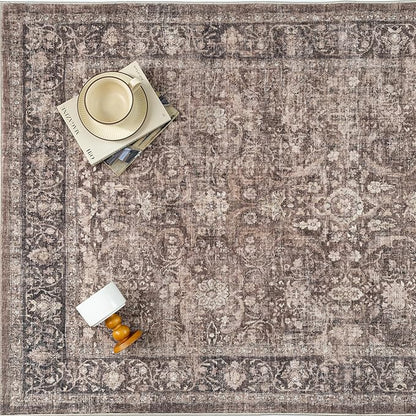 6x9 Brown Washable Area Rug for Living Room Bedroom Neutral Vintage Soft Non Slip Rug Low Pile Distressed Carpet for Dining Room Nursery Office Indoor