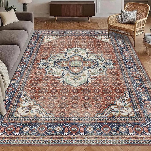 Washable Area Rug 5' x 7' Vintage Traditional Persian Mat - Foldable Distressed Non-Slip Machine Washable Carpet for Living Room Bedroom Kitchen Home Decor - Terracotta and Navy