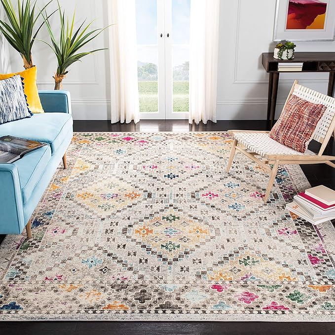SAFAVIEH Madison Collection X-Large Area Rug - 12' x 15', Grey & Yellow, Boho Diamond Distressed Design, Non-Shedding & Easy Care, Ideal for High Traffic Areas in Living Room, Bedroom (MAD418F)