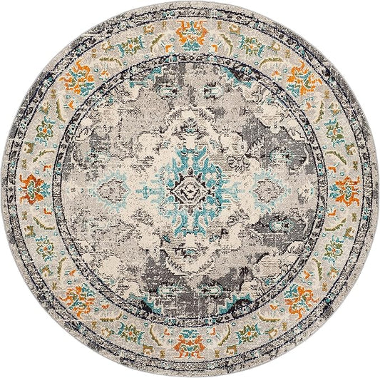 SAFAVIEH Monaco Collection Area Rug - 11' Round, Grey & Light Blue, Boho Chic Medallion Distressed Design, Non-Shedding & Easy Care, Ideal for High Traffic Areas in Living Room, Bedroom (MNC243G)