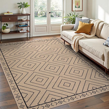 Tangsoo Modern Easy Jute 4x6 Outdoor Rug for Living Room,Ultra Thin Washable Area Rug,Geometric Indoor Carpet Farmhouse Non-Slip Throw Mat for Bedroom Dining Room Patio Front Porch