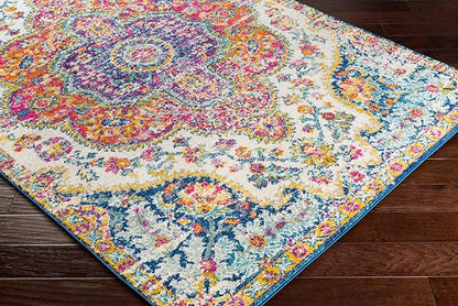 Livabliss Area Rugs - 9x12 Romaine Vintage Boho Fuchsia Mustard Blue Area Rug for Living Room Bedroom - Floral Medallion Stain Resistant Carpet for Kitchen, Nursery, Office (9' x 12'6")