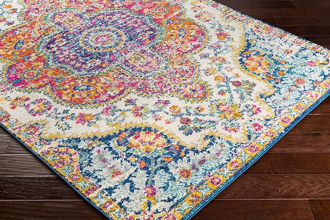 Livabliss Area Rugs - 4x6 Romaine Vintage Boho Fuchsia Mustard Blue Area Rug for Living Room Bedroom - Floral Medallion Stain Resistant Carpet for Kitchen, Nursery, Office (3'11" x 5'7")