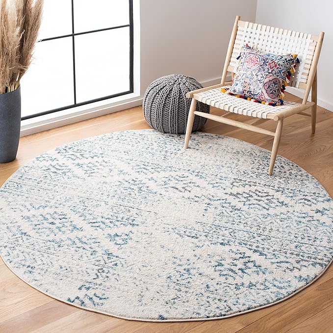 SAFAVIEH Tulum Collection Area Rug - 6'7" Round, Ivory & Turquoise, Moroccan Boho Tribal Design, Non-Shedding & Easy to Clean, Ideal for Living Room, Bedroom, Dining Space (TUL272E)
