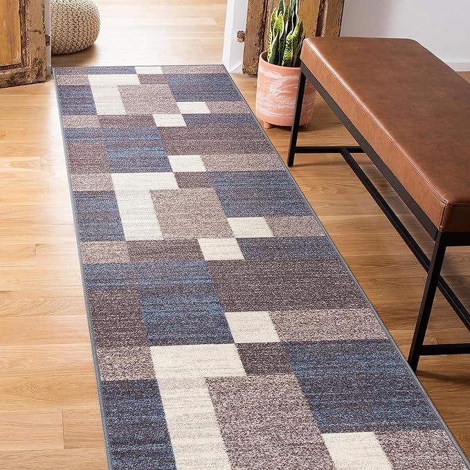 Rugshop Contemporary Blue Geometric Boxes Non-Slip Area Rug Non-Shedding for Living Room, Dining Room and Office, 2" x 7" (22" X 84")