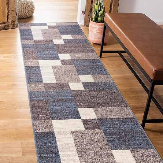 Rugshop Modern Boxes Design Non-Slip (Non-Skid) Carpet for Hallway,Entryway,Kitchen Runner Rug 2' x 10' Blue