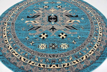 Unique Loom Taftan Collection Border Geometric Tribal Inspired Design Area Rug (8' 0 x 8' 0 Round, Turquoise/ Gray)
