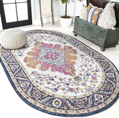 JONATHAN Y Boho Vintage Blue/Multi 4x6 Oval Area Rug, Bohemian Flair Medallion, Floral Easy-Cleaning High Traffic for Living Room, Bedroom, Kitchen, Pet-Friendly, Non Shedding (BMF106A-4OV)