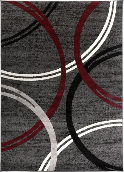 Rugshop Modern Wavy Circles Design Non-Shedding Area Rug, Carpet for Living Room, Dining Room, or Bedroom, Red, 5'3" x 7'3"