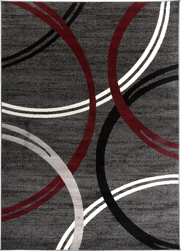 Rugshop Modern Wavy Circles Design Non-Shedding Area Rug, Carpet for Bedroom or Living Room, Red, 4' x 6'