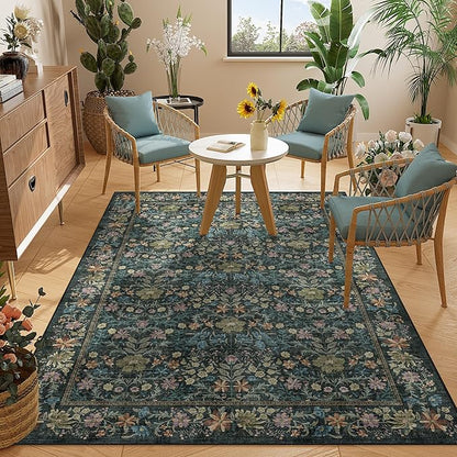 DUKINO 4x6 Rugs for Living Room, Lightweight Non Slip Washable Rug with Low Pile Design, Vintage Floral Non-Shedding Soft Carpet for Living Room, Bedroom, Farmhouse, Office, Bathroom, Blue