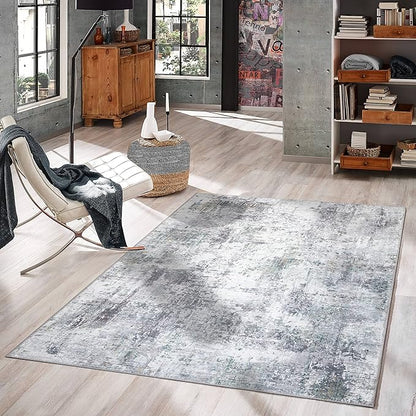 GLN Rugs Contemporary Collection - Machine Washable Area Rug, Contemporary Washable, Non Slip, Low Pile Chenille Rug, Living Room, Bedroom, Kitchen Rug (5' x 7' Grey/Green)