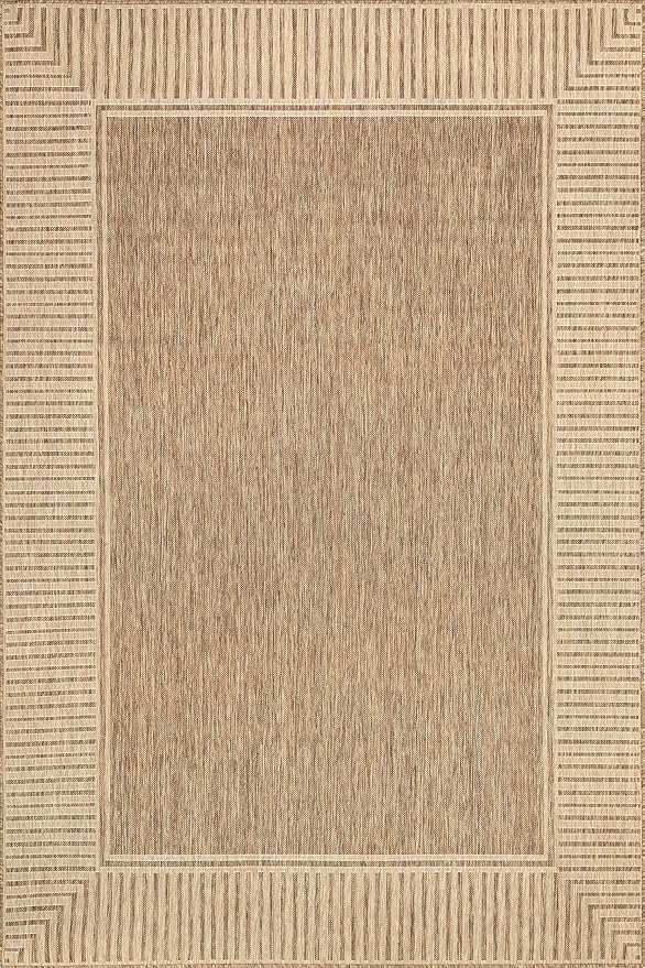 Nuloom Asha Light Brown/Ivory, 9'6" x 12', Casual, Striped Border, Soft and Cozy, High Traffic, Stain Resistant, Easy Clean, Durable Area Rug for Indoor/Outdoor Patio, Deck, Porch, Garden, Courtyard