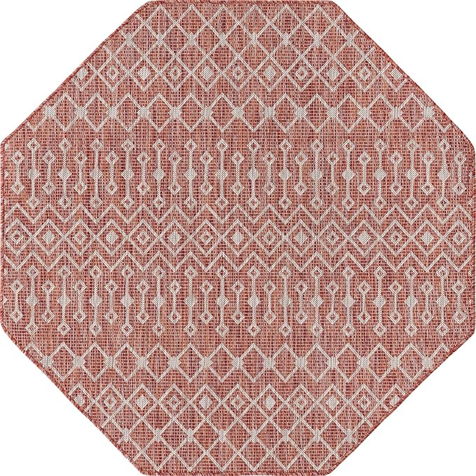 Unique Loom Outdoor Trellis Collection Area Rug - Tribal Trellis (5' 3" Octagon, Rust Red/ Ivory)