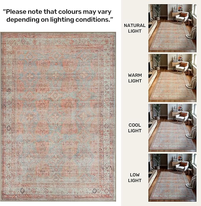 GLN Rugs Traditional Collection - Machine Washable Area Rug, Traditional Washable, Non Slip, Low Pile Chenille Rug, Living Room, Bedroom, Kitchen Rug (5'3" Round Terra/Multicolor 1153)