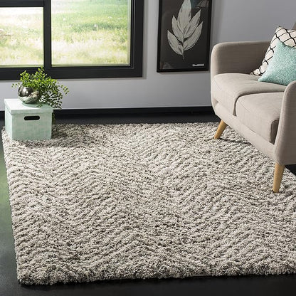 SAFAVIEH Hudson Shag Collection Area Rug - 7' Square, Ivory & Grey, Chevron Design, Non-Shedding & Easy Care, 2-inch Thick Ideal for High Traffic Areas in Living Room, Bedroom (SGH375A)