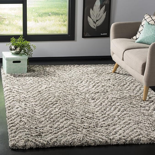 SAFAVIEH Hudson Shag Collection Area Rug - 7' Square, Ivory & Grey, Chevron Design, Non-Shedding & Easy Care, 2-inch Thick Ideal for High Traffic Areas in Living Room, Bedroom (SGH375A)