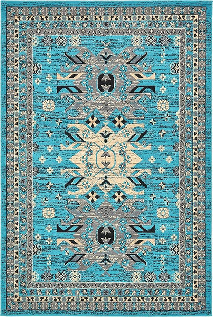 Unique Loom Taftan Collection Border Geometric Tribal Inspired Design Area Rug (6' 0 x 9' 0 Rectangular, Turquoise/ Gray)