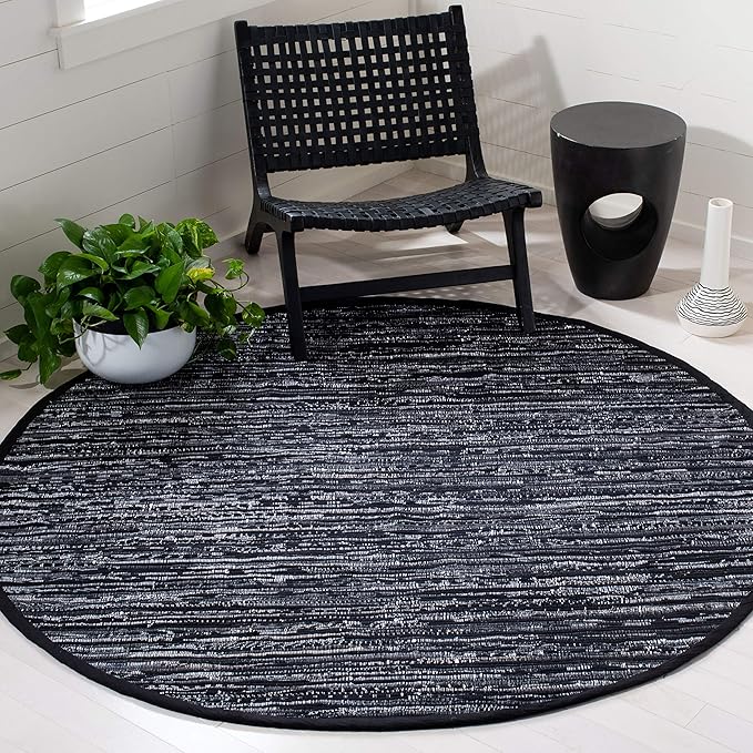 SAFAVIEH Rag Rug, Collection RAR121Z Handmade Boho Stripe Cotton Entryway Foyer Living Room Bedroom Kitchen Area Rug, 4', Round Black