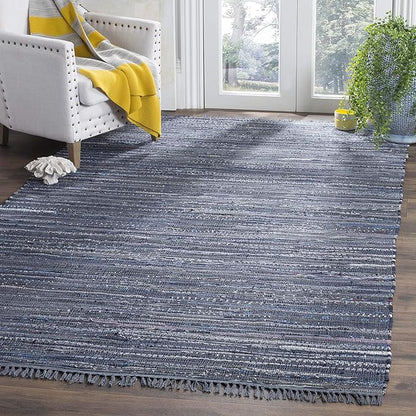SAFAVIEH Rag Rug Collection Area Rug - 4' Square, Ink & Multi, Handmade Boho Stripe Cotton, Ideal for High Traffic Areas in Living Room, Bedroom (RAR121C)