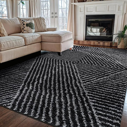 Rugshop Geometric Diamond Stripe Shag Area Rug Anthracite Dark Gray 5' x 7' Great for Bedrooms, Living Rooms, or Under Coffee Tables