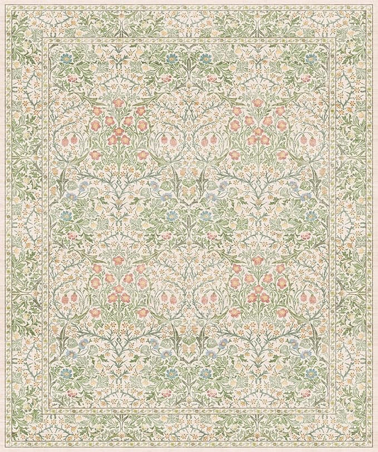 Vintage Washable Beige Green 10x12 Rug for Living Room - Extra Large Area Rug for Dining Room Under Table, Soft Low Pile Carpet for Bedroom - Botanical Forest Floral Design