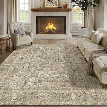 Brown Area Rug 6x9 Machine Washable Vintage Living Room Distressed Non Slip Carpet Traditional Indoor Bedroom Retro Floral Accent Throw Large Rug for Office Kitchen Dining Room