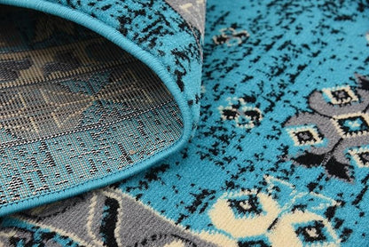 Unique Loom Taftan Collection Border Geometric Tribal Inspired Design Area Rug (8' 0 x 8' 0 Square, Turquoise/ Gray)