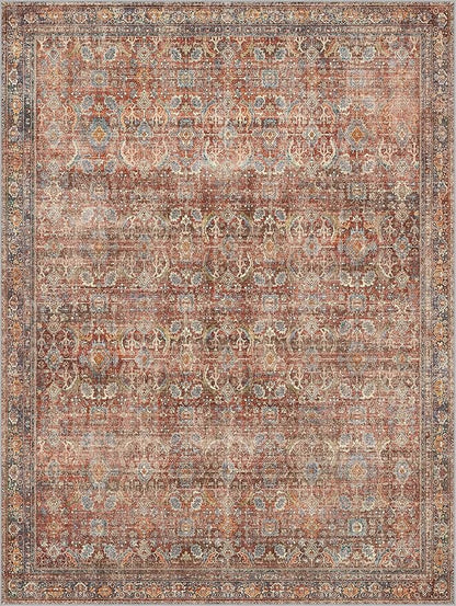 9x12 Area Rug Machine Washable Boho Rug for Living Room,Ultra-Thin Low Pile Carpet,Lightweight Indoor Printed Rug,Non Slip Floral Area Rug for Bedroom, Dining Room, Home Office,Terracotta/Indigo