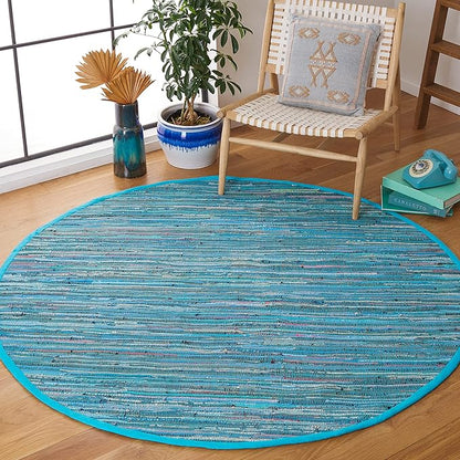 SAFAVIEH Rag Rug Collection 8' Round Blue/Multi RAR121B Handmade Boho Stripe Cotton Area Rug