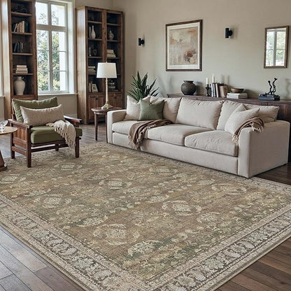 5x7 Brown Area Rug for Living Room Washable Vintage Distressed Carpet Bedroom Low Pile Non Slip Indoor Soft Retro Throw Accent Rug Office Kitchen Bathroom Dining Room