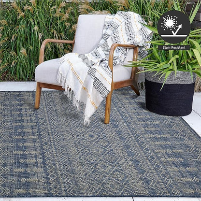 FH Home Flat Woven Outdoor Rug - Waterproof, Easy to Clean, Stain Resistant - Premium Polypropylene Yarn - Boho Moroccan - Large Patio, Deck, Sunroom - Dakar - Blue - 7ft 10in x 10ft 9in