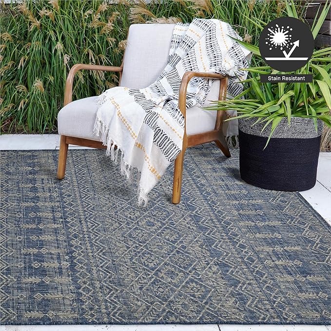 FH Home Flat Woven Outdoor Rug - Waterproof, Easy to Clean, Stain resistant - Premium Polypropylene Yarn - Boho Moroccan - Patio, Deck, Porch, Balcony, Laundry Room - Dakar - Blue - 3ft 11in x 5ft 6in