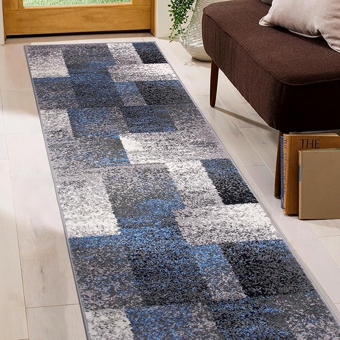 Rugshop Blue Modern Distressed Boxes Runner Rug — Non-Shedding for Hallway, Entryway and Kitchen 2' x 7'