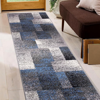 Rugshop Blue Modern Distressed Boxes Runner Rug — Non-Shedding for Hallway, Entryway and Kitchen 2' x 7'