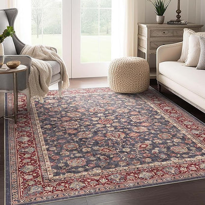Well Woven Asha Rome Navy Blue Red 6' x 9' Area Rug - Oriental Floral Pattern, Easy Clean, Floor-Friendly Backing - for Living Room, Bedroom, and Dining Room