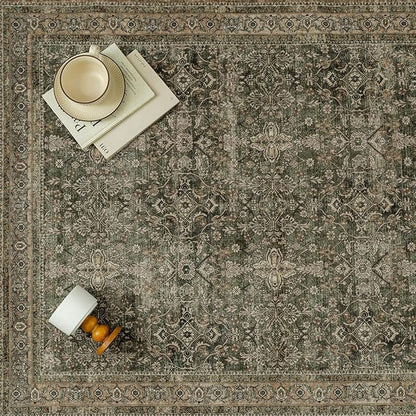 Hallway Runner Rug 2x6 Green Brown Vintage Washable Kitchen Carpet Traditonal Distressed Soft Non Slip Long Runner Retro Low Pile Thin Rug for Laundry Bedroom Entrance Bathroom
