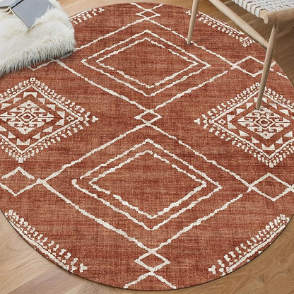 ReaLife Rugs Machine Washable Area Rug - Living Room Bedroom Bathroom Kitchen Entryway Office - Non Slip Low Pile Stain Resistant Premium - Moroccan Diamond Tribal - Jax - Orange 6' Round