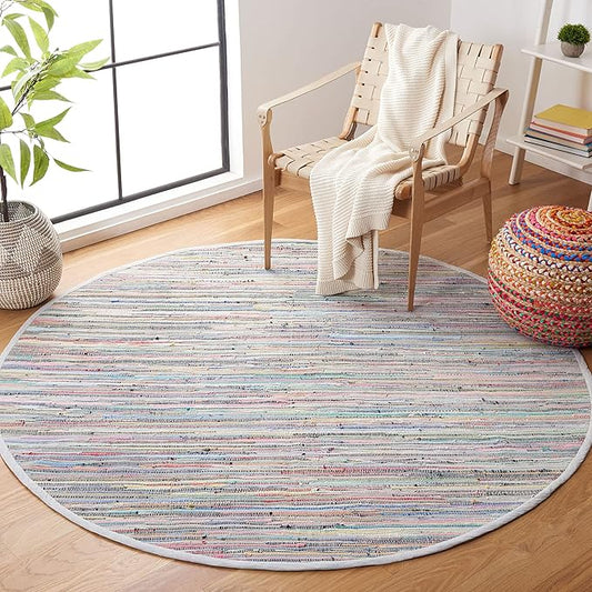 SAFAVIEH Rag Rug Collection 6' Round Grey/Multi RAR121M Handmade Boho Stripe Cotton Area Rug