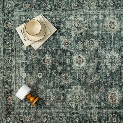 6x9 Washable Area Rug for Living Room Bedroom Green Vintage Distressed Rustic Carpet Non-Slip Low Pile Lightweight Vacuumable Soft Throw Rug for Indoor Dining Room Office