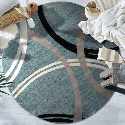 Rugshop Modern Wavy Circles Design Round Rug, Carpet with Jute Backing for Living Room, Dining Room, or Bedroom, Blue, 8' Round