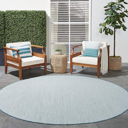 Nourison Home Courtyard Ivory Aqua 8' x Round Area Rug - Easy Clean, Non Shedding, Bed Room, Living Room, Dining Room, Kitchen (8' x Round)