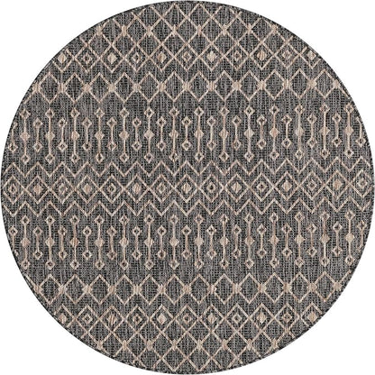 Unique Loom Outdoor Trellis Collection Area Rug - Tribal Trellis (5' 3" Round, Charcoal Gray/ Natural)