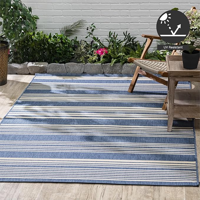 FH Home Outdoor Rug - Waterproof Easy to Clean Stain Resistant - Patio Indoor Outdoor Porch Deck Balcony Entryway - Striped Coastal - Newport - Blue - 5ft 2in x 7ft 6in