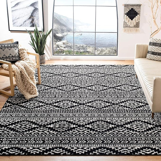 SAFAVIEH Tulum Collection Area Rug - 11' Square, Black & Ivory, Moroccan Boho Tribal Design, Non-Shedding & Easy to Clean, Ideal for Living Room, Bedroom, Dining Space (TUL272Z)