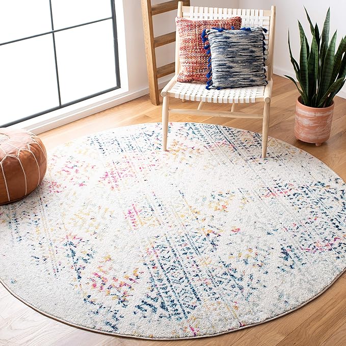 SAFAVIEH Tulum Collection Area Rug - 6'7" Round, Ivory & Blue, Moroccan Boho Tribal Design, Non-Shedding & Easy to Clean, Ideal for Living Room, Bedroom, Dining Space (TUL272C)